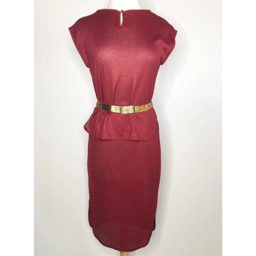 Vintage 70s Sweater Skirt Set Maroon Burgundy Women's XS/S